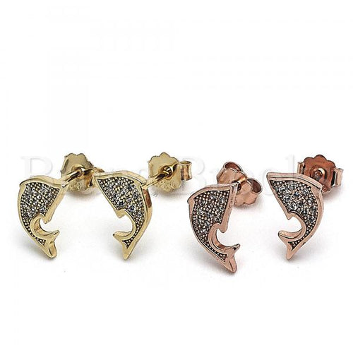 Sterling Silver Stud Earring, with Micro Pave, Golden Tone