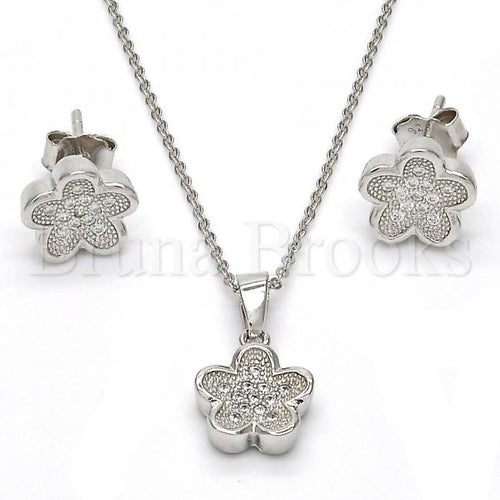 Bruna Brooks Sterling Silver 10.174.0207 Earring and Pendant Adult Set, Flower Design, with White Micro Pave, Polished Finish, Rhodium Tone
