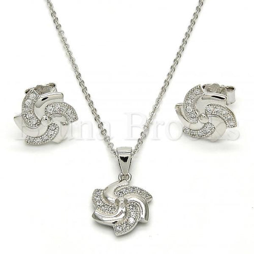 Bruna Brooks Sterling Silver 10.174.0195 Earring and Pendant Adult Set, Flower Design, with White Micro Pave, Polished Finish, Rhodium Tone