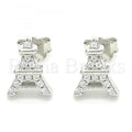 Sterling Silver Stud Earring, Eiffel Tower Design, with Crystal, Rhodium Tone