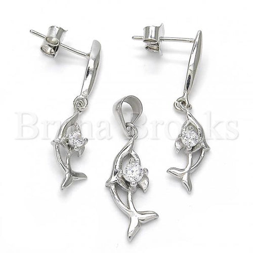 Bruna Brooks Sterling Silver 10.337.0008 Earring and Pendant Adult Set, Dolphin Design, with White Cubic Zirconia, Polished Finish, Rhodium Tone