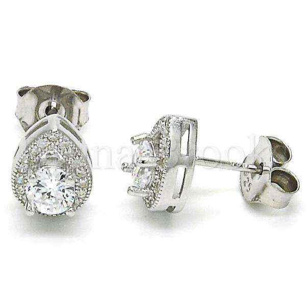 Sterling Silver Stud Earring, Teardrop Design, with Cubic Zirconia and Micro Pave, Rhodium Tone