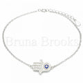 Bruna Brooks Sterling Silver 03.336.0080.08 Fancy Bracelet, Hand of God and Greek Eye Design, with White Crystal, Polished Finish, Rhodium Tone
