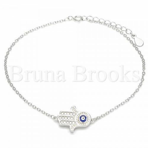 Bruna Brooks Sterling Silver 03.336.0080.08 Fancy Bracelet, Hand of God and Greek Eye Design, with White Crystal, Polished Finish, Rhodium Tone