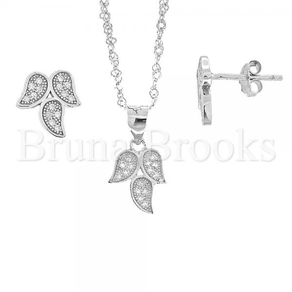 Bruna Brooks Sterling Silver 10.174.0036 Earring and Pendant Adult Set, Leaf Design, with White Micro Pave, Rhodium Tone