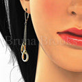 Sterling Silver Long Earring, Love Design, with Crystal, Golden Tone