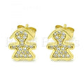 Sterling Silver Stud Earring, Little Girl Design, with Micro Pave, Golden Tone