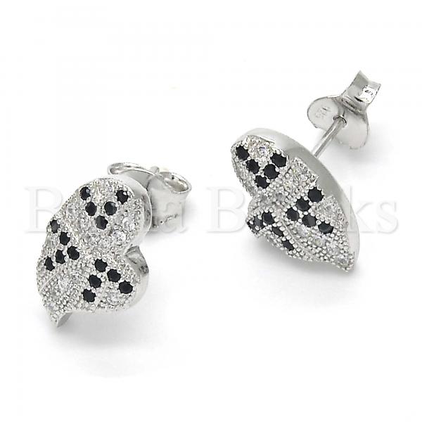 Sterling Silver 02.186.0074 Stud Earring, Heart Design, with Black and White Micro Pave, Polished Finish, Rhodium Tone