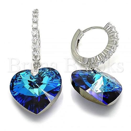 Rhodium Plated 02.26.0255 Dangle Earring, Heart Design, with Bermuda Blue Swarovski Crystals and White Cubic Zirconia, Polished Finish, Rhodium Tone