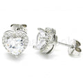 Sterling Silver Stud Earring, Heart Design, with Cubic Zirconia and Crystal, Rhodium Tone