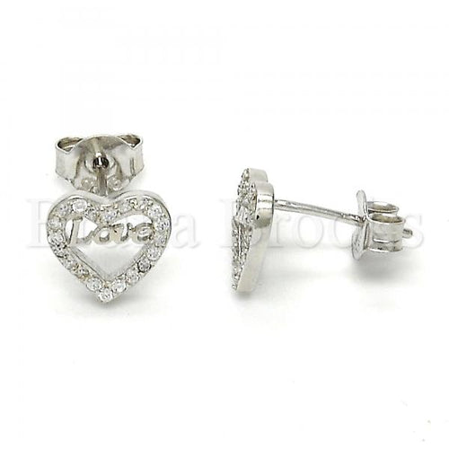Bruna Brooks Sterling Silver 02.186.0035 Stud Earring, Heart and Love Design, with White Micro Pave, Polished Finish, Rhodium Tone