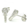 Sterling Silver Stud Earring, key and Heart Design, with Crystal, Rhodium Tone