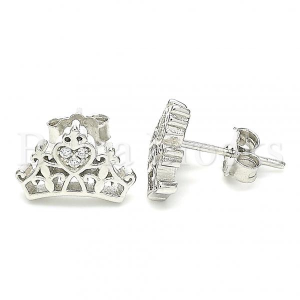 Sterling Silver Stud Earring, Crown Design, with Crystal, Rhodium Tone
