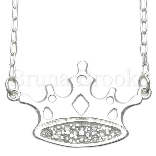 Bruna Brooks Sterling Silver 04.203.0008.18 Basic Necklace, Crown Design, with White Cubic Zirconia, Silver Tone