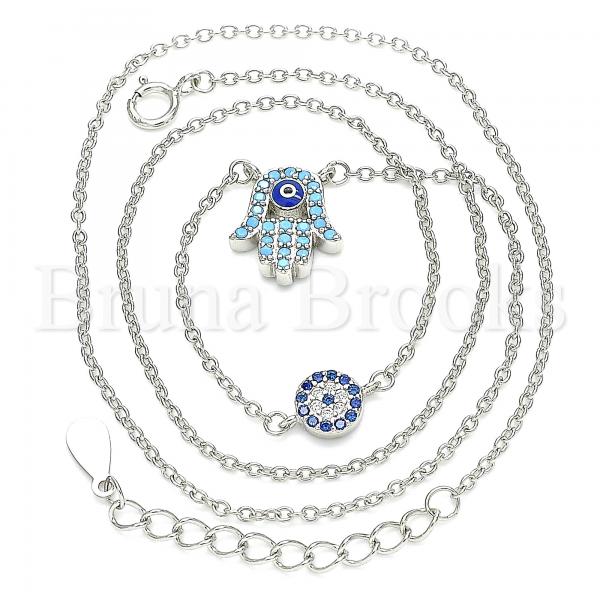 Sterling Silver 04.336.0222.16 Fancy Necklace, Hand of God and Greek Eye Design, with Turquoise Cubic Zirconia and Sapphire Blue Micro Pave, Blue Enamel Finish, Rhodium Tone
