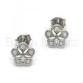 Sterling Silver Stud Earring, Flower Design, with Micro Pave, Silver Tone