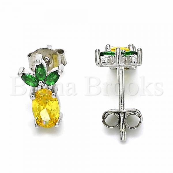 Sterling Silver 02.367.0017 Stud Earring, Pineapple Design, with Yellow and Green Cubic Zirconia, Polished Finish, Rhodium Tone