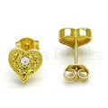 Sterling Silver Stud Earring, Heart Design, with Cubic Zirconia, Golden Tone