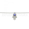 Sterling Silver 04.336.0178.16 Fancy Necklace, Hand of God and Greek Eye Design, with White Crystal, Blue Enamel Finish, Rhodium Tone