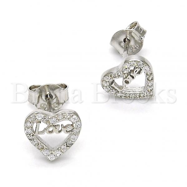 Sterling Silver 02.186.0035 Stud Earring, Heart and Love Design, with White Micro Pave, Polished Finish, Rhodium Tone