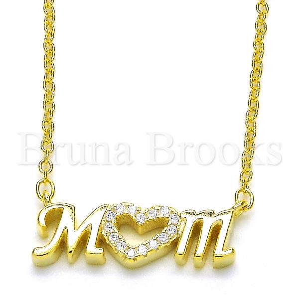 Sterling Silver Fancy Necklace, Mom and Heart Design, with Crystal, Golden Tone