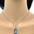 Rhodium Plated 04.239.0026.16 Fancy Necklace, Teardrop and Rolo Design, with Bermuda Blue Swarovski Crystals and White Micro Pave, Polished Finish, Rhodium Tone