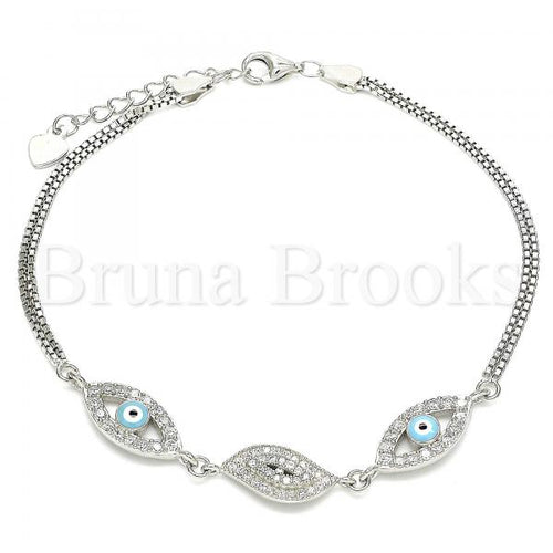 Bruna Brooks Sterling Silver 03.286.0010.07 Fancy Bracelet, Greek Eye Design, with White Micro Pave and White Cubic Zirconia, Turquoise Enamel Finish, Rhodium Tone