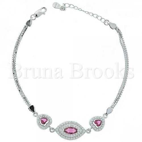 Bruna Brooks Sterling Silver 03.183.0008 Fancy Bracelet, with White Micro Pave and Rhodolite Cubic Zirconia, Rhodium Tone