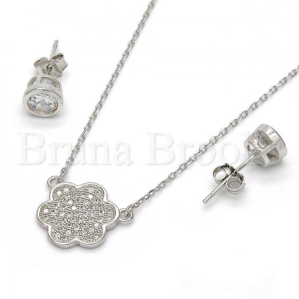 Sterling Silver 10.186.0006 Earring and Pendant Adult Set, Flower Design, with White Micro Pave, Polished Finish, Rhodium Tone