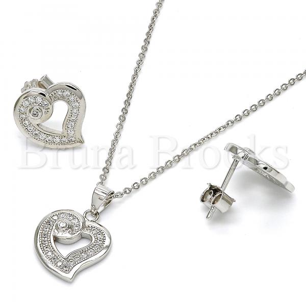 Sterling Silver 10.174.0234 Earring and Pendant Adult Set, Heart Design, with White Micro Pave, Polished Finish, Rhodium Tone