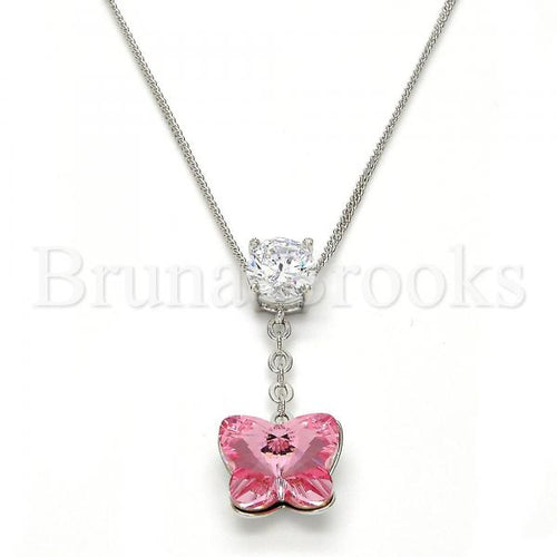 Rhodium Plated Fancy Necklace, Butterfly Design, with Swarovski Crystals and Cubic Zirconia, Rhodium Tone