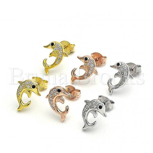 Sterling Silver Stud Earring, Dolphin Design, with Cubic Zirconia, Rhodium Tone