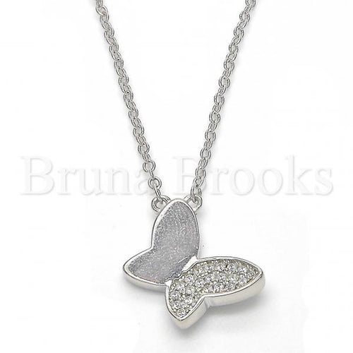 Bruna Brooks Sterling Silver 04.336.0039.16 Fancy Necklace, Butterfly Design, with White Crystal, Polished Finish, Rhodium Tone