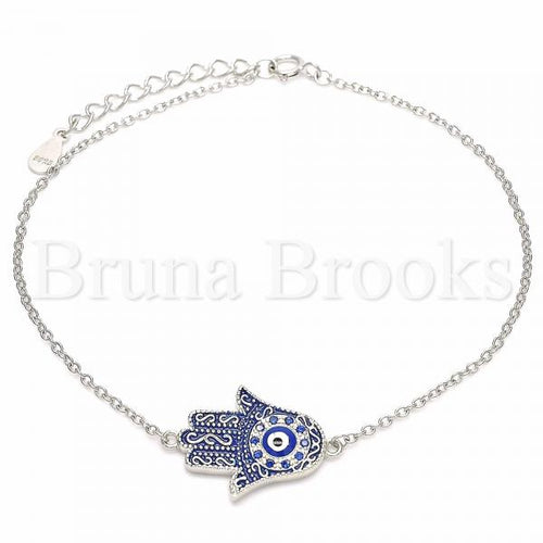 Bruna Brooks Sterling Silver 03.336.0077.08 Fancy Bracelet, Hand of God and Greek Eye Design, with White Micro Pave, Blue Enamel Finish, Rhodium Tone