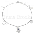 Bruna Brooks Sterling Silver 03.336.0048.10 Charm Anklet , Hand of God and Greek Eye Design, with White Cubic Zirconia and Ivory Pearl, Blue Enamel Finish, Rhodium Tone