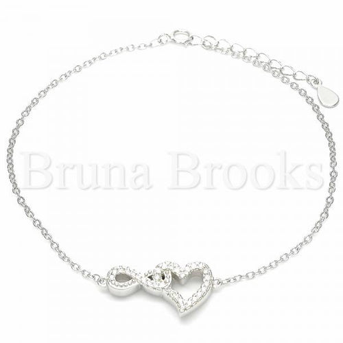 Bruna Brooks Sterling Silver 03.336.0083.08 Fancy Bracelet, Heart and Infinite Design, with White Crystal, Polished Finish, Rhodium Tone