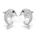 Sterling Silver Stud Earring, Dolphin Design, with Cubic Zirconia, Rhodium Tone