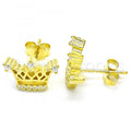 Sterling Silver Stud Earring, Crown Design, with Cubic Zirconia and Crystal, Rhodium Tone