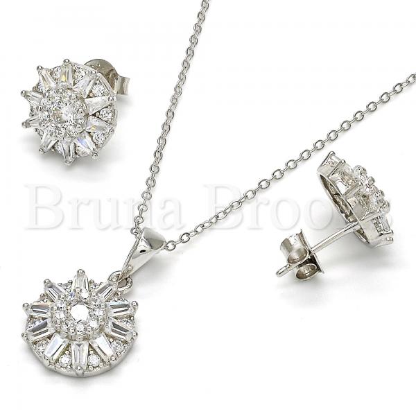 Sterling Silver 10.286.0007 Earring and Pendant Adult Set, Flower Design, with White Cubic Zirconia, Polished Finish, Rhodium Tone