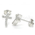 Sterling Silver Stud Earring, Cross Design, with Crystal, Rhodium Tone