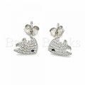 Sterling Silver 02.366.0004 Stud Earring, Fish Design, with White and Black Micro Pave, Polished Finish, Rhodium Tone