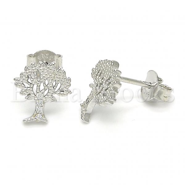 Sterling Silver Stud Earring, Tree Design, with Micro Pave, Rhodium Tone