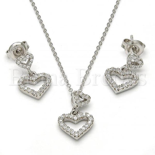 Bruna Brooks Sterling Silver 10.275.0014 Earring and Pendant Adult Set, Heart Design, with White Crystal, Polished Finish, Rhodium Tone