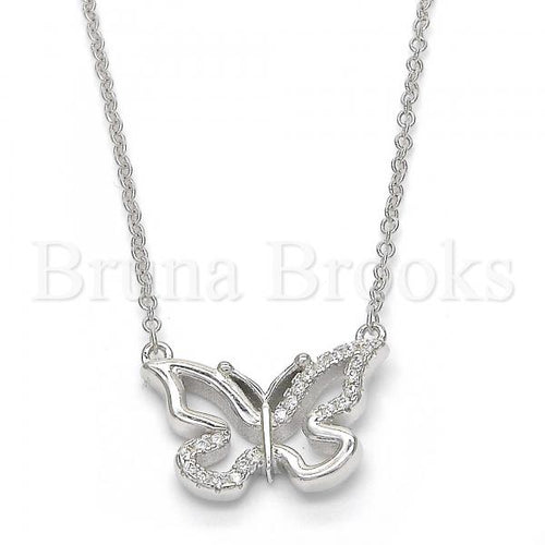 Sterling Silver Fancy Necklace, Butterfly Design, with Crystal, Rhodium Tone