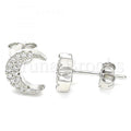 Sterling Silver Stud Earring, Moon and Star Design, with Crystal, Rhodium Tone