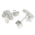 Sterling Silver Stud Earring, Tree Design, with Cubic Zirconia, Rhodium Tone