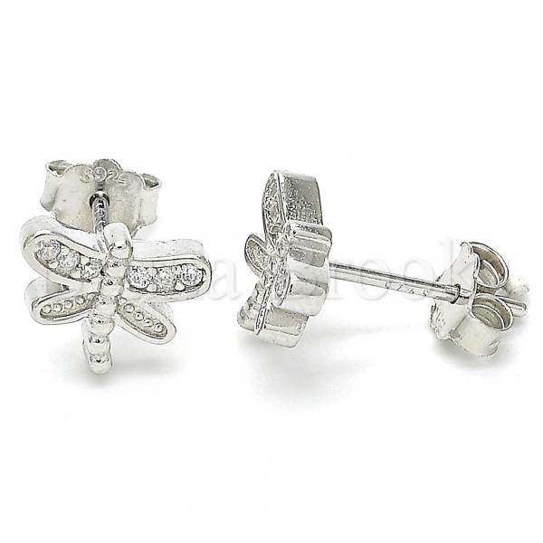 Sterling Silver Stud Earring, Dragon-Fly Design, with Cubic Zirconia, Rhodium Tone