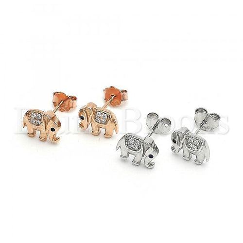 Sterling Silver Stud Earring, Elephant Design, with Cubic Zirconia and Crystal, Rhodium Tone