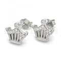 Sterling Silver Stud Earring, Crown Design, with Cubic Zirconia, Rhodium Tone