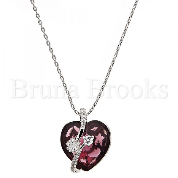 Rhodium Plated Fancy Necklace, Heart and Star Design, with Swarovski Crystals and Micro Pave, Rhodium Tone